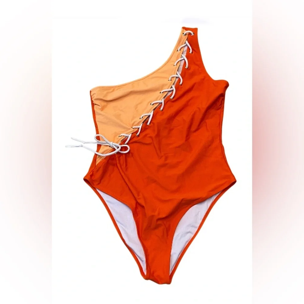 Colorblock One Shoulder Lace Up One Piece Monokini Swimsuit Size L